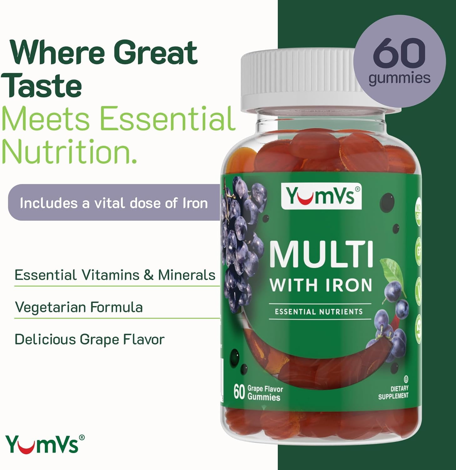 YUM-V's Multivitamin with Iron Gummies Multi Vitamins for Adults, Grape 2-Pack at 60 Pcs./Pack