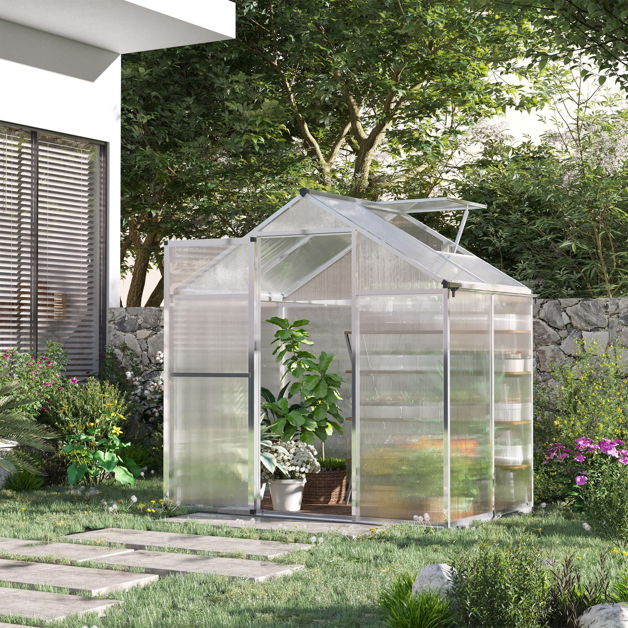 Outsunny 4x6' Walk-In Polycarbonate Greenhouse, UV Resistant, Vent