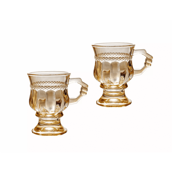 Vintage Glass Coffee Mugs with Handles,4oz Wine Goblet, Set of 2 Embossed Drinking Glassware for Cappuccino, Latte, Wine, Champagne , Beverage Christmas Thanksgiving Party Wedding（Amber）