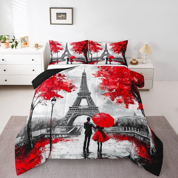 Erosebridal Eiffel Tower Comforter Sets Queen Size,Red Leaves Bedding Queen Comforter Set,Valentine'S Day Bedding Sets Queen with Comforter,Breathable Romantic Room Decor,Reversible,3 Pieces