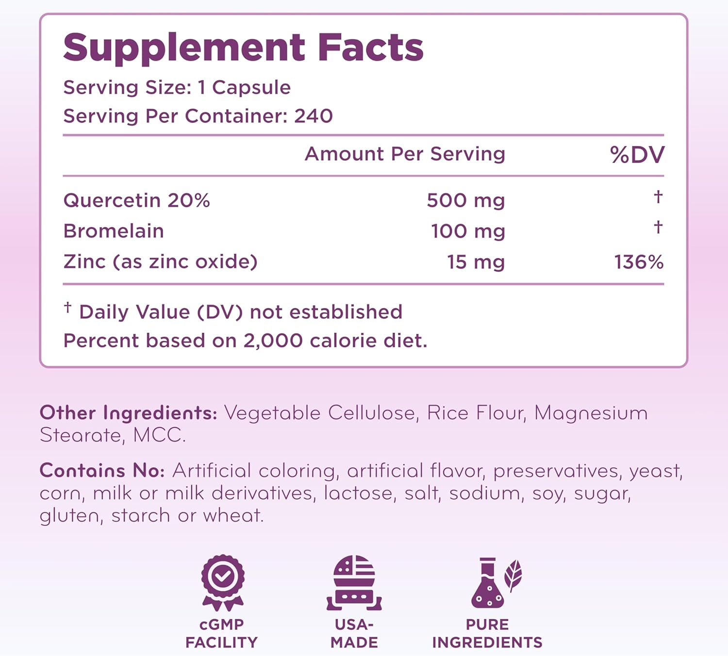 Clear Formulas Quercetin with Bromelain and Zinc Supplement Capsules 500mg, Immune Support, 240 Count
