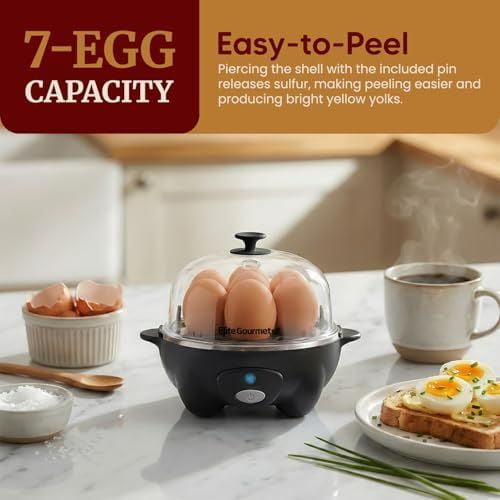 EGC-007B# Rapid Egg Cooker, 7 Easy-To-Peel, Hard, Medium, Soft Boiled Eggs, Poacher, Omelet Maker, Auto Shut-Off, Alarm, 16-Recipe Booklet, Black