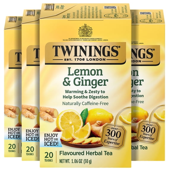 (4 pack) Twinings of London Lemon & Ginger Herbal Tea Bags , 20 Ct., 1.41 oz.