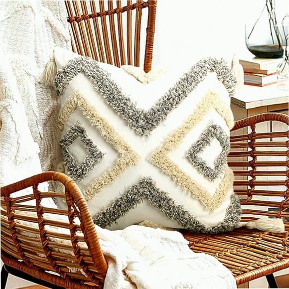 Neutral Boho Tufted Pillow Covers - Modern Farmhouse Decor for Couch & Bedroom. Gray Throw Pillows with Tassel Detailing, 18x18 Square Cushion Cases.