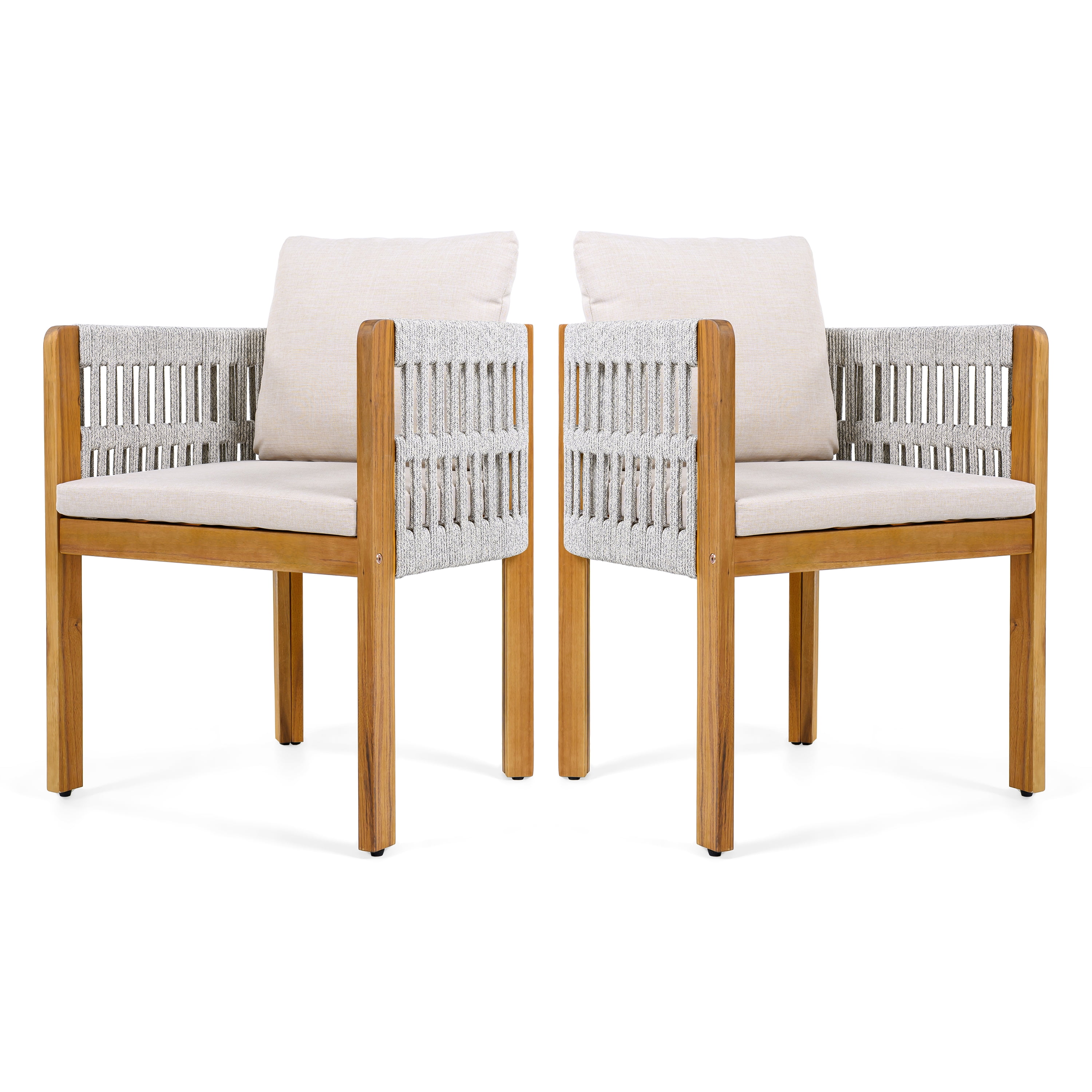 Acacia Wood Outdoor Dining Chairs Set of 2 with Mix Brown Rope Handles Washable Waterproof Beige Cushions, Teak