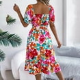 thumbnail image 4 of Hvot&aat Women's Summer Boho Floral Dress Stretch Puff Sleeve Square Neck Empire Waist Dresses A-Line Flowy Vacation Dress, 4 of 5