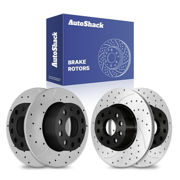 AutoShack Front Vented & Rear Solid Drilled & Slotted E-Coated Brake Rotors 4-PC Set Replacement for 2005-2010 Volkswagen Jetta 2006-2009 Volkswagen Rabbit 2008 Audi A3 ShadowGuard
