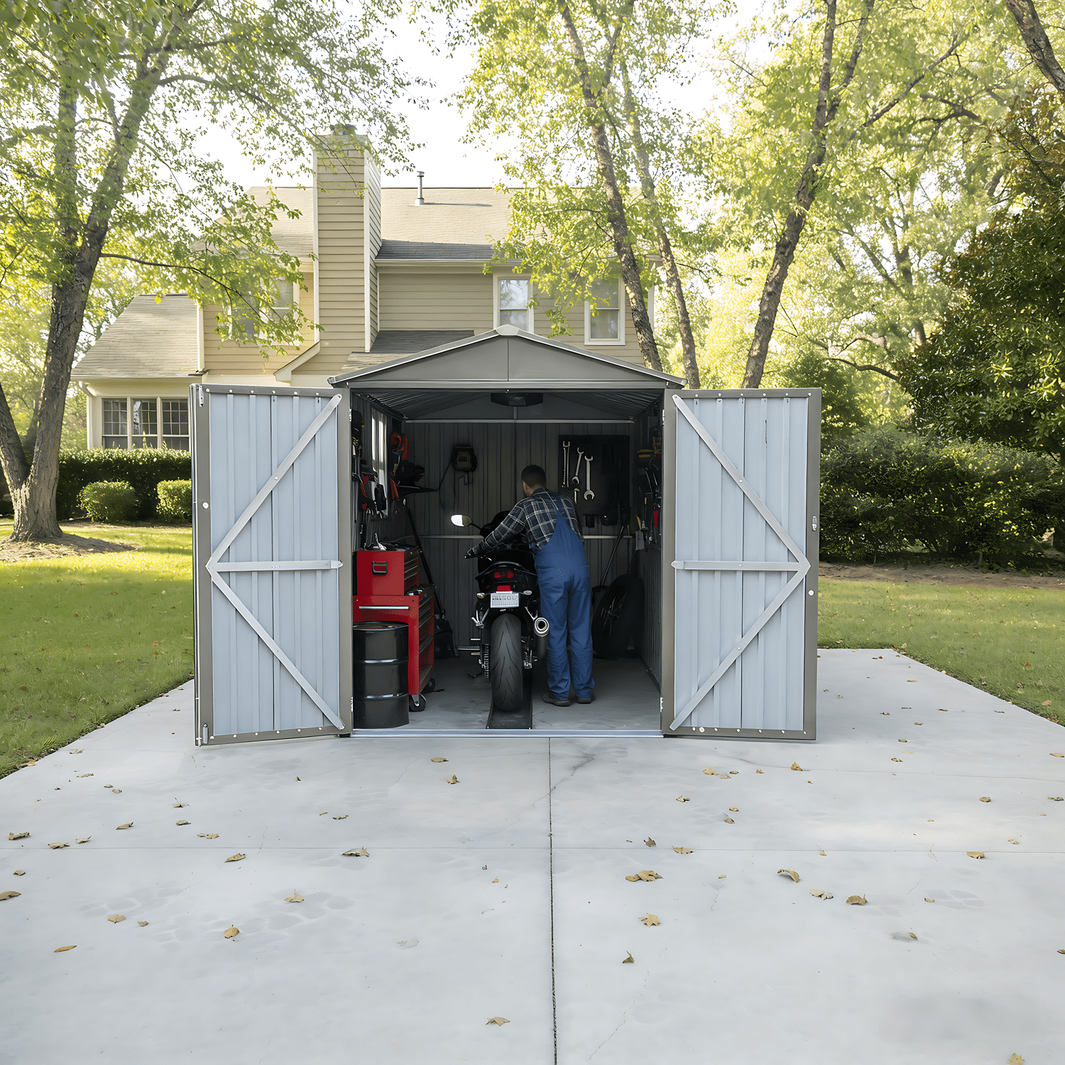 Mintazer 10×6ft Outdoor Motorcycle Storage Shed with Window & Tracks and Fixtures, Large Garden Tool Storage Building for Backyard Lawn Patio, Gray