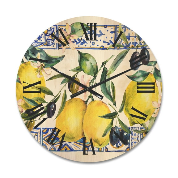 Designart 'Geometrical Pattern of Lemon Ornament On Blue II' Tropical Wood Wall Clock