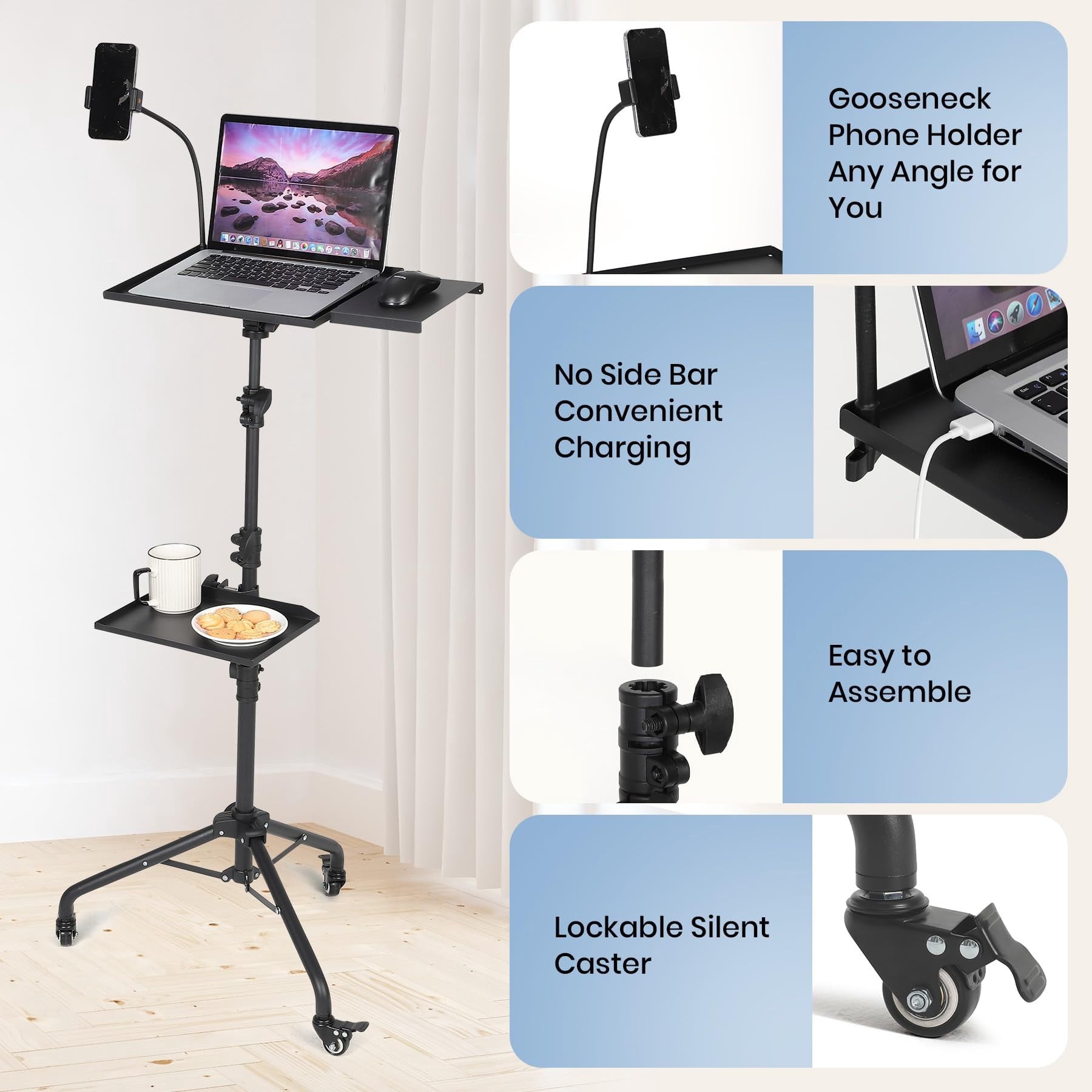Projector Tripod Stand, Laptop Stand on Wheels with 2 Shelves Mouse Tray Phone Holder, Portable Projector Floor Stand, Adjustable Height 23 to 49 Inch, Projector Tall Stand for Office, Home