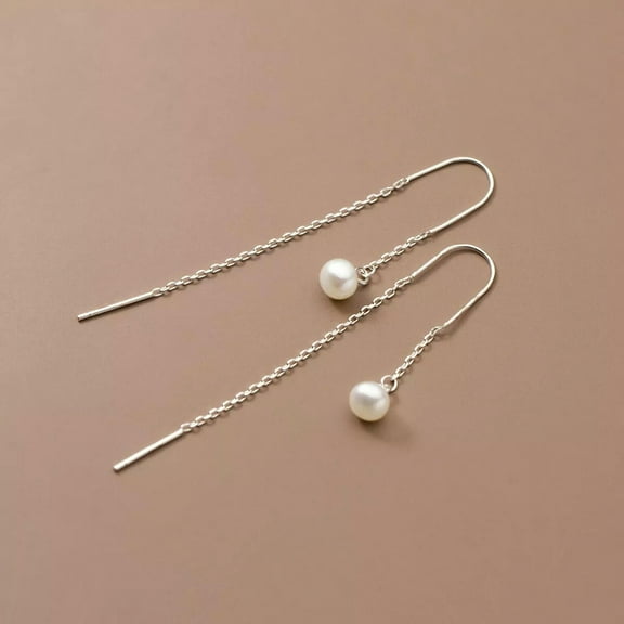K-KED 925 Sterling Solid Silver 5mm Freshwater Pearl Threader Pull Through Earrings