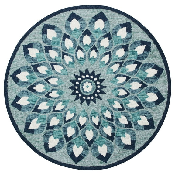 Laddha Home Designs 6' White and Blue Floral Medallion Hand Tufted Round Wool Area Throw Rug