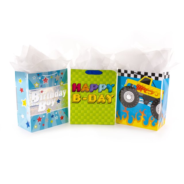 Hallmark - Bolsa de regalo de cumpleaños grande de 13.0 in con papel de seda (paquete de 3: Monster Truck Happy B-Day Birthday Boy)