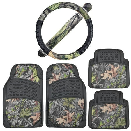 - Rubber Car Floor Mats Black - Camo Inlay w/ Comfort Grip Steering Wheel Cover, Camo Inlay on Heavy Duty Rubber Mats By BDK