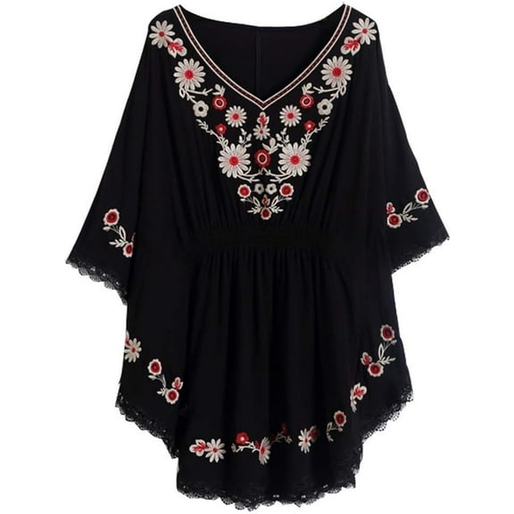 Women's Batwing Dressy Tunic Peasant Tops Mexican Embroidery Blouse