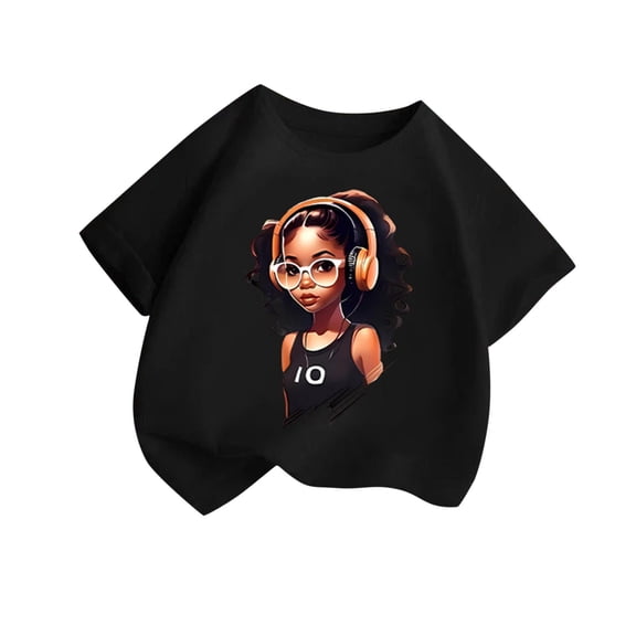SGFCWSX Girls Short Sleeve T-Shirt, Kids Soft Graphic Cotton Breathable Top, Casual Everyday Wear Black Size 8-10 Years