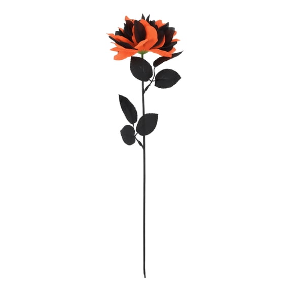 Halloween 2 Pack Orange and Black Artificial Rose Stems, Fabric Faux Flowers with Dark Leaves for Vase Arrangements, Table Centerpiece Decor