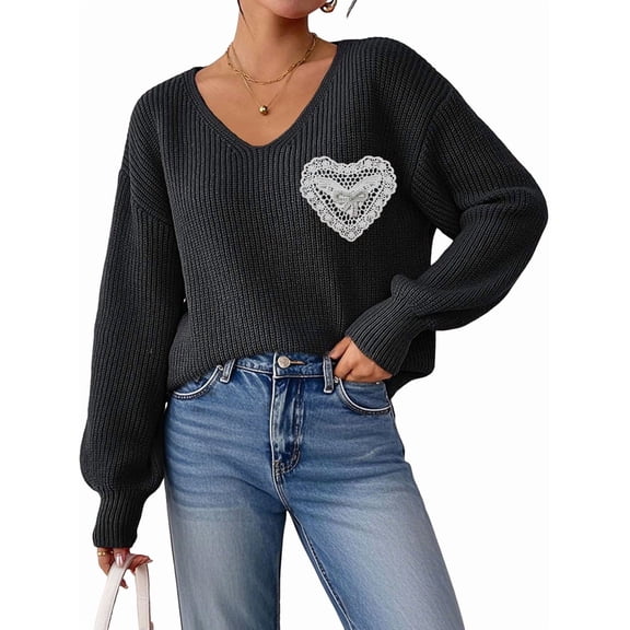 Sweaters for Female Lantern Sleeve Heart Print Pullover Embroidered Lace Patchwork Knit Pullover Black L
