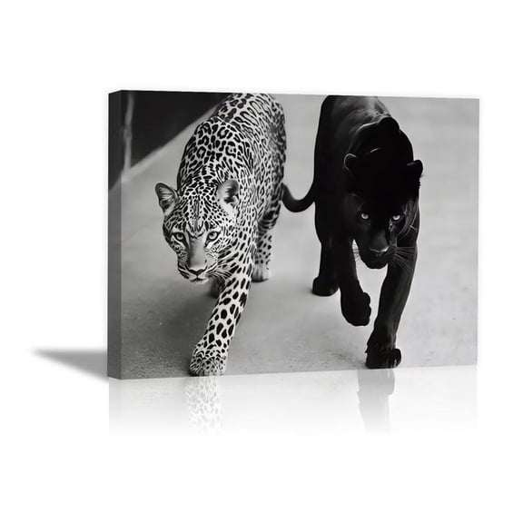 Mudket Black White Leopard & Black Panther Walking Canvas Wall Art, Modern Minimalist Art Work Print for Living Room Office Entryway Home Decor , Framed Ready to Hang - 12"L x 8"W