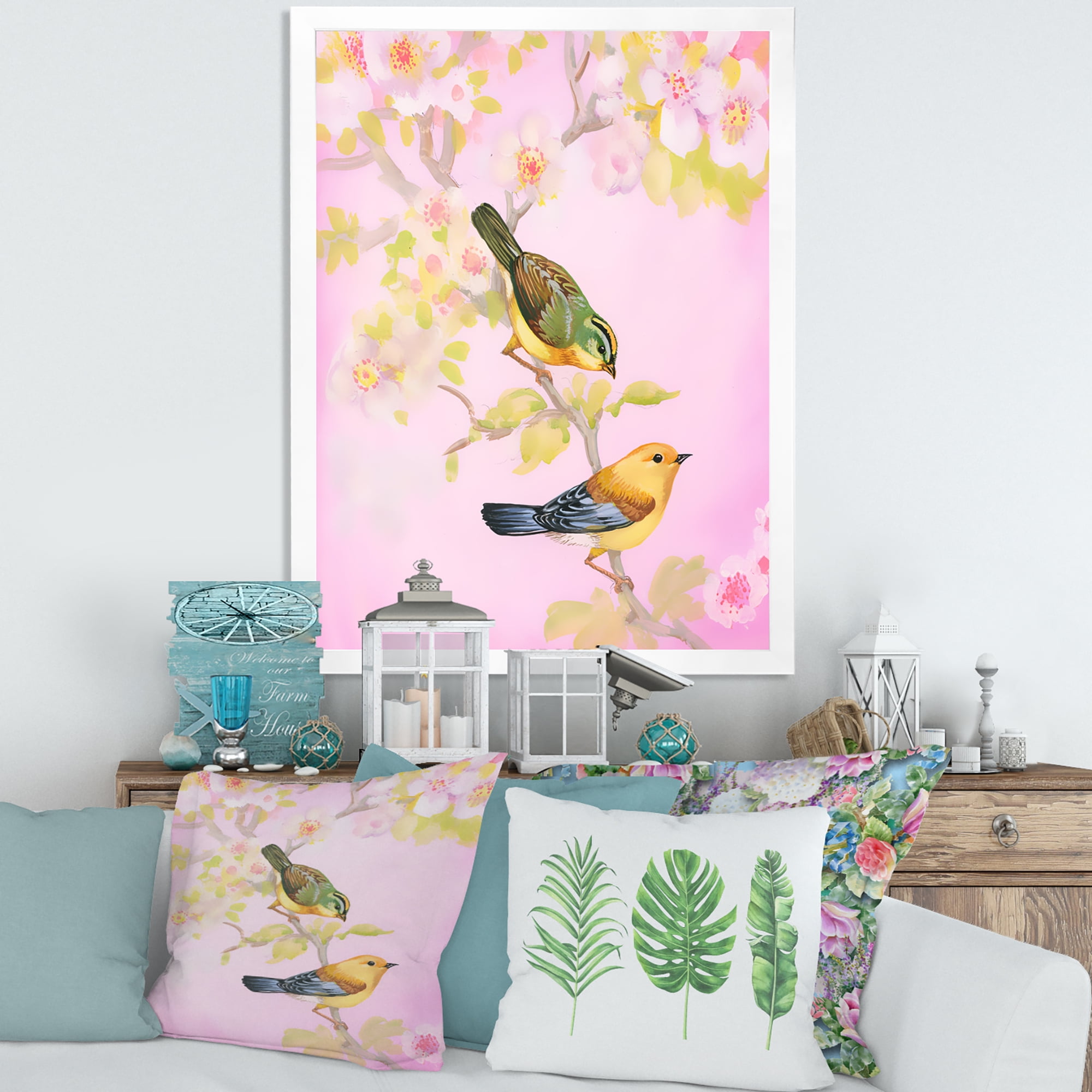 Designart 'Beautiful Bright Birds Sitting On Branch' Traditional Framed Art Print