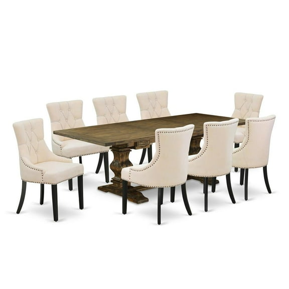 East West Furniture Lassale 9-piece Wood Dining Set in Brown/Light Beige