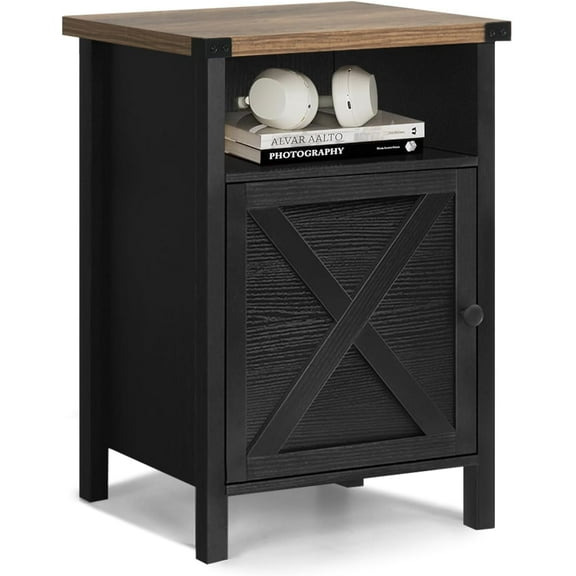 Brezey Black Farmhouse Nightstand, Side Table, End Table with Barn Door and Shelf, Rustic Modern Bed Night Stand for Bedroom, Living Room