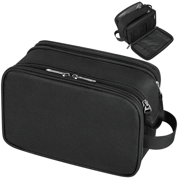 Toiletry Bag for Men, PU Leather Travel Toiletry Organizer with Handle, Water Resistant Travel Essentials for Women, Travel Storage Bags with Divider for Cosmetics Toiletries Brushes Tools, Black