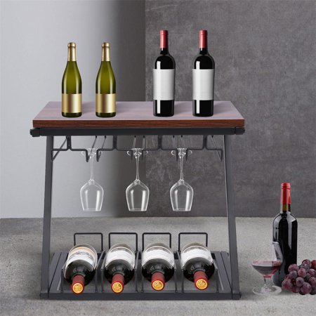 LOYALHEARTDY Wine Rack with Glass Holder Freestanding Countertop Wine Bottle Rack for Kitchen Bar Brown