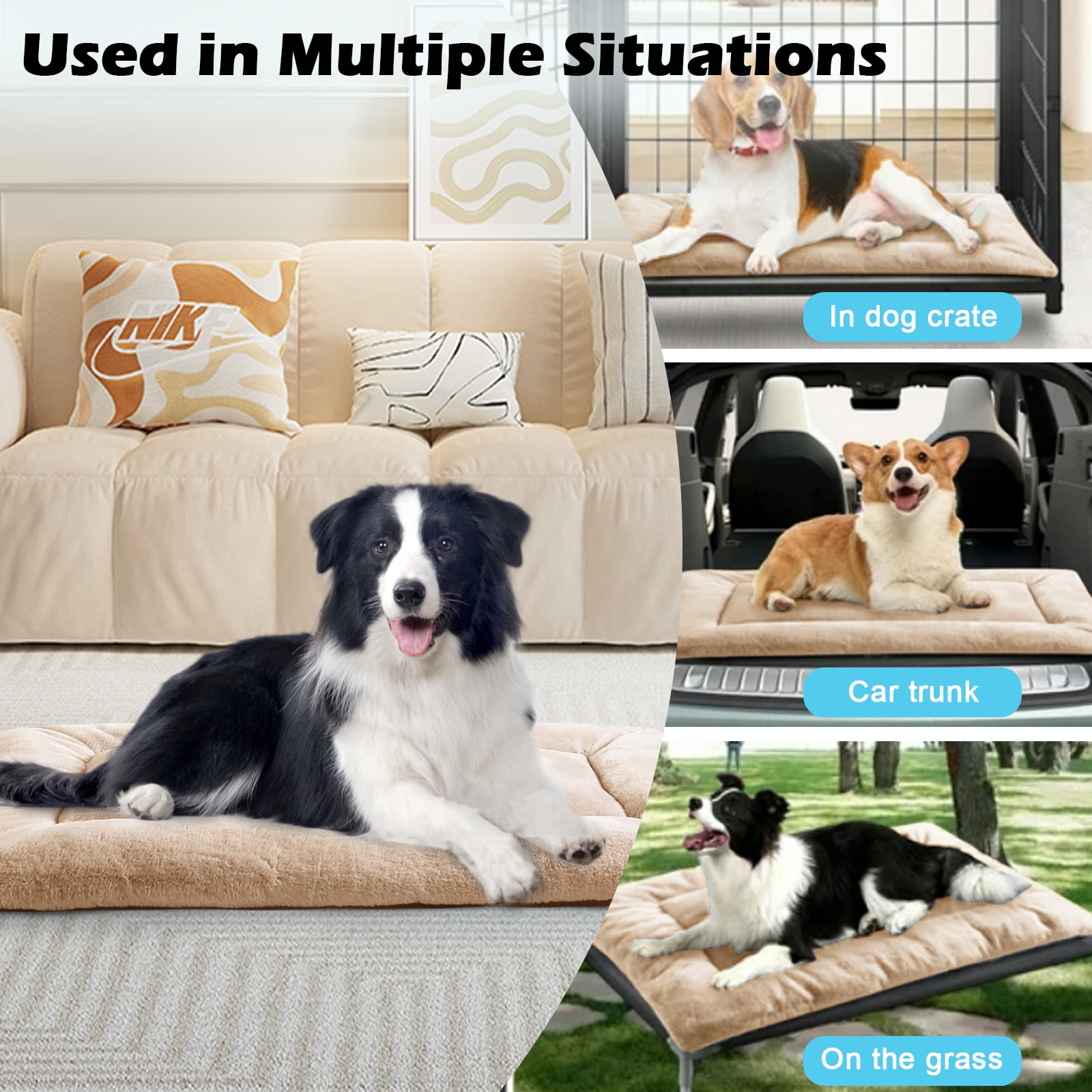 MERITLIFE Plush Washable Dog Bed Ultra Soft Dog Crate Mat Kennel Pad,Anti-Slip Pet Sleeping Bed for Small Medium Large Dogs,Beige 48" x 30"