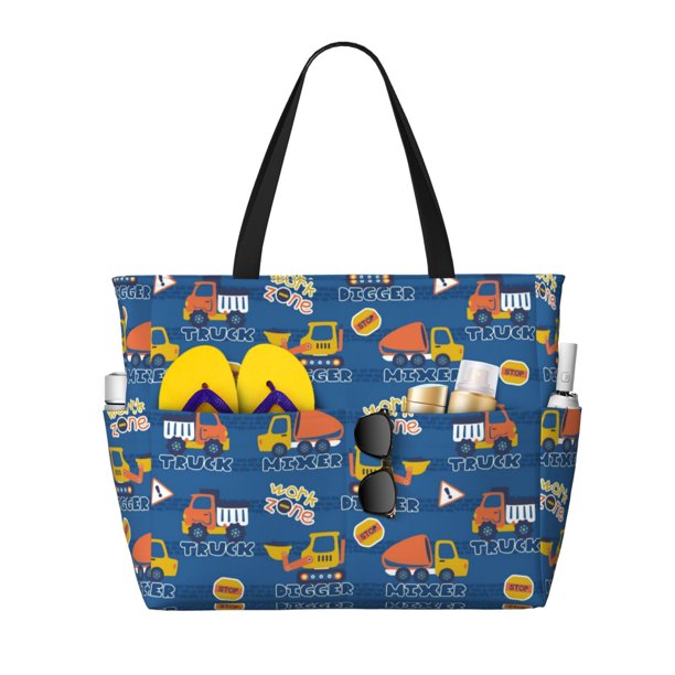 Fotbe Construction Vehicles Bolsa de Viaje para Playa - Resistente al Agua, Bolsa Tote de Gran Capacidad y Ligera con 7 Bolsillos para Mujeres y Hombres