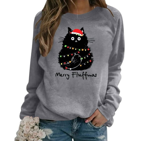 

jsaierl Womens Oversized Sweatshirts Round Neck Long Sleeve Shirts Christmas Cat Pattern Tops Dressy Casual 2022 Blouse Tee Pullover Christmas Gifts for Women