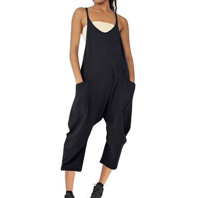 Cameland Plus Size Women Casual Jumpsuits Cold Shoulder Capris Pants Solid Suspender Straight Leg Pockets Rompers