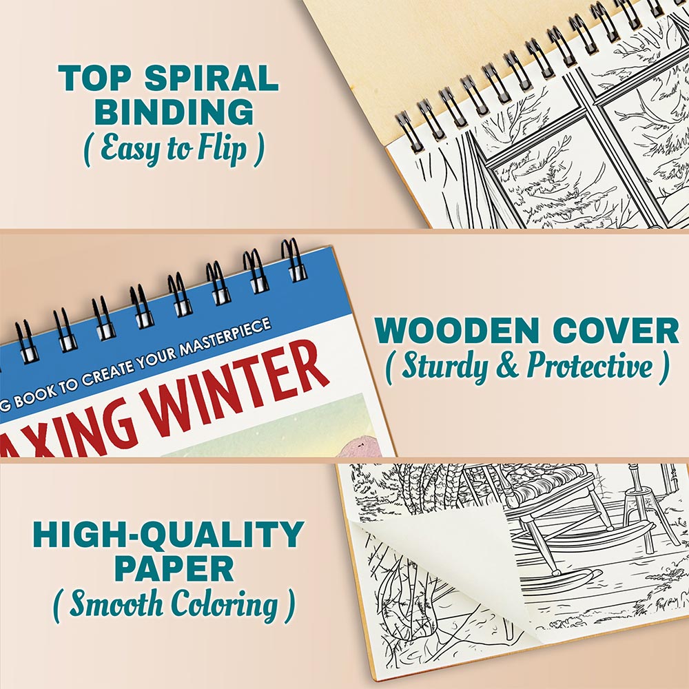 Netecom Relaxing Winter Coloring Book Spiral Bound For Adults, A5 Wooden Cover, 30 Calming Coloring Pages of Winter Scenes for Stress Relief and Relaxation