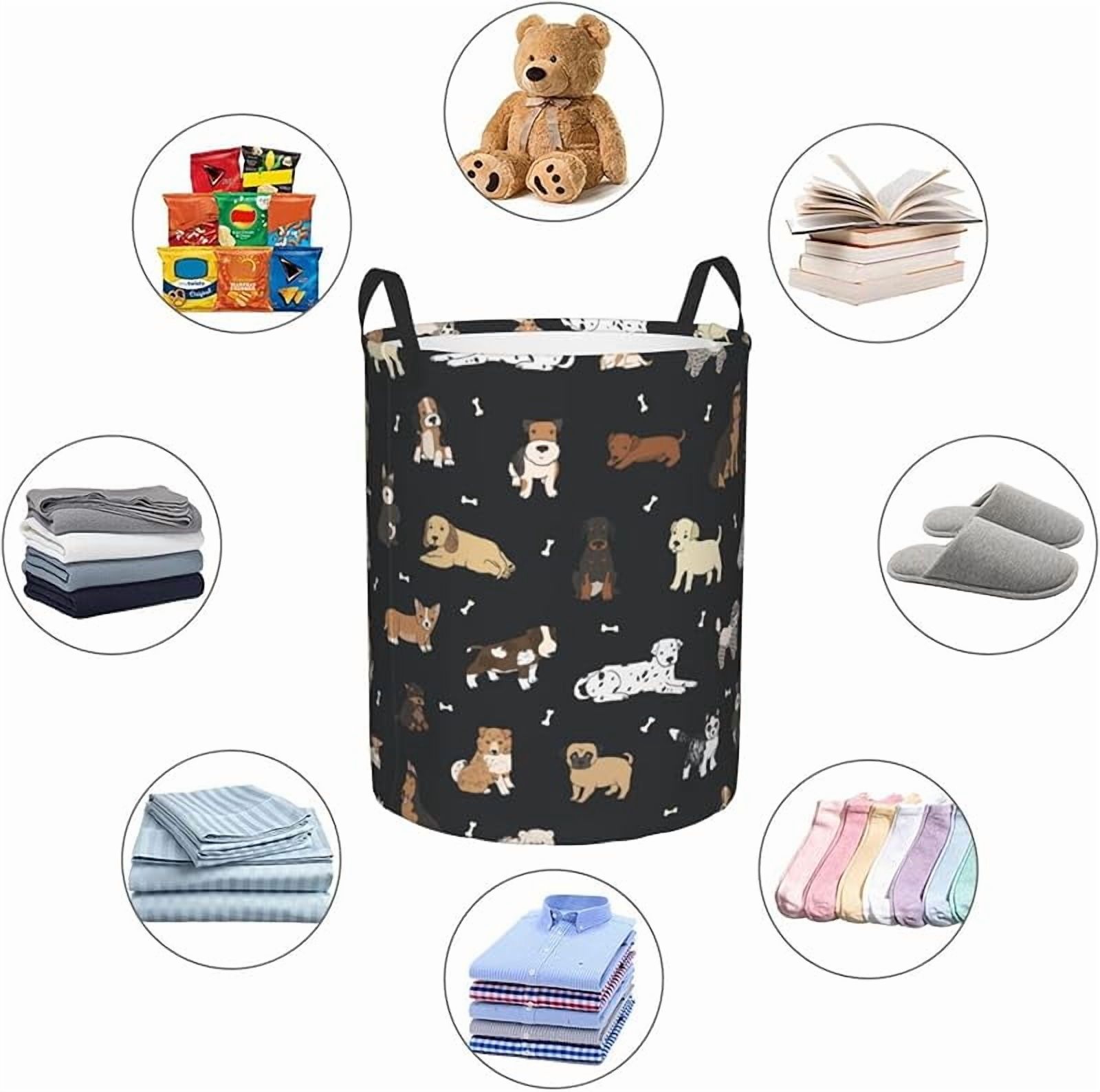 Cute Puppy Dogs Laundry Hamper Bag With Waterproof Liner - Pet Animals Round Laundry Basket Foldable Clothes Storage Organizer For Bathroom Bedroom Nursery Dorm