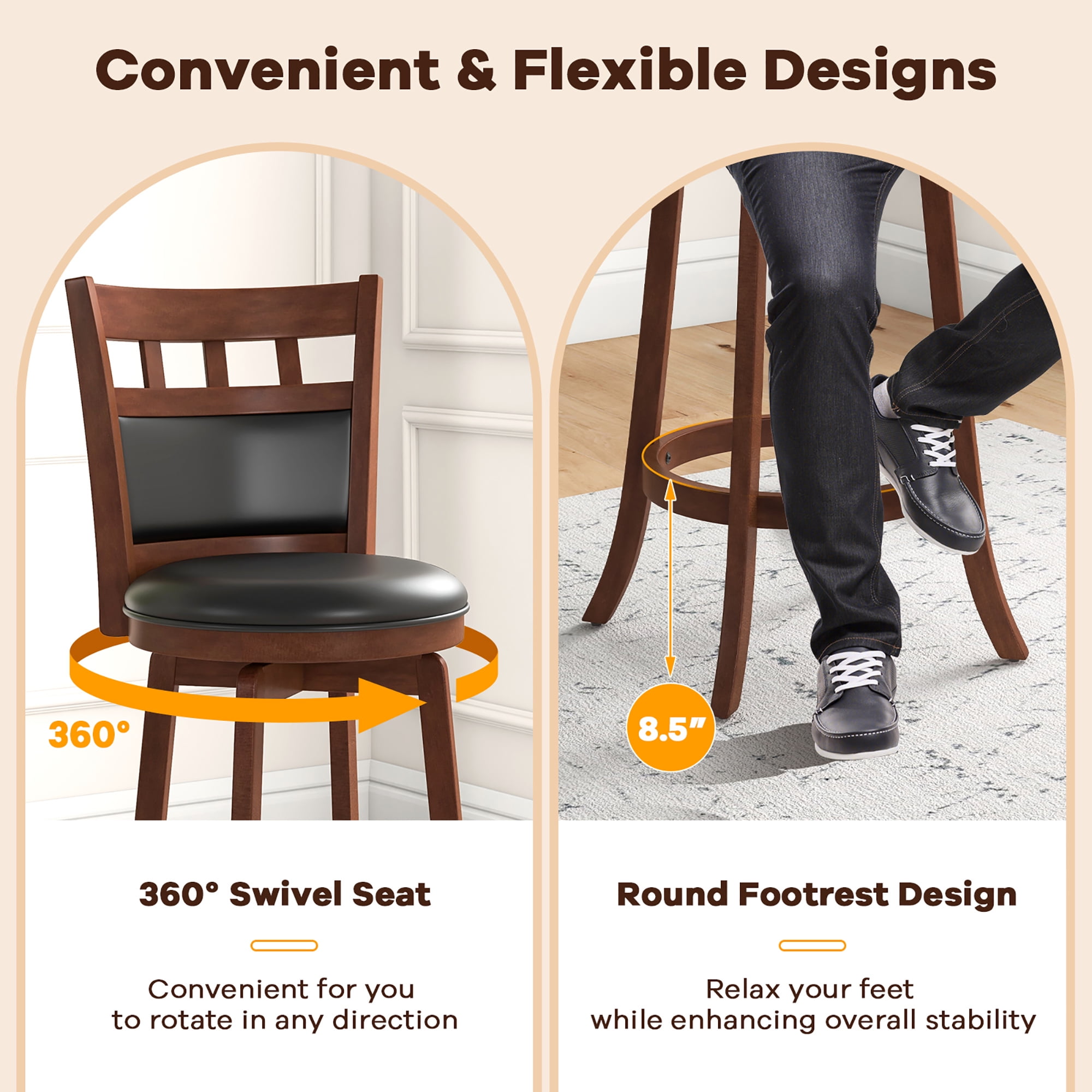 Gymax Wood Swivel Bar Stools Set of 4 w/ Faux Leather Upholstered Seat & Back