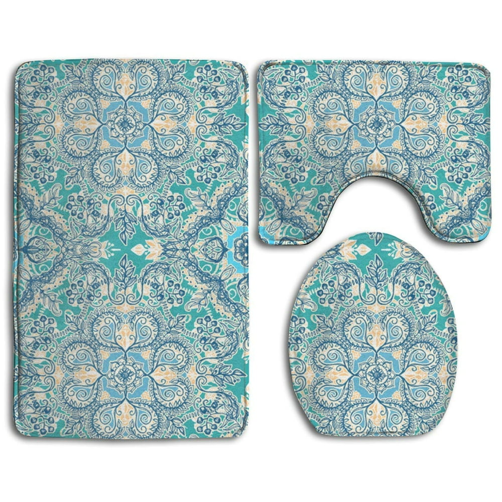 CHAPLLE Floral in Teal Cream and Blue 3 Piece Bathroom Rugs Set Bath Rug Contour Mat and Toilet