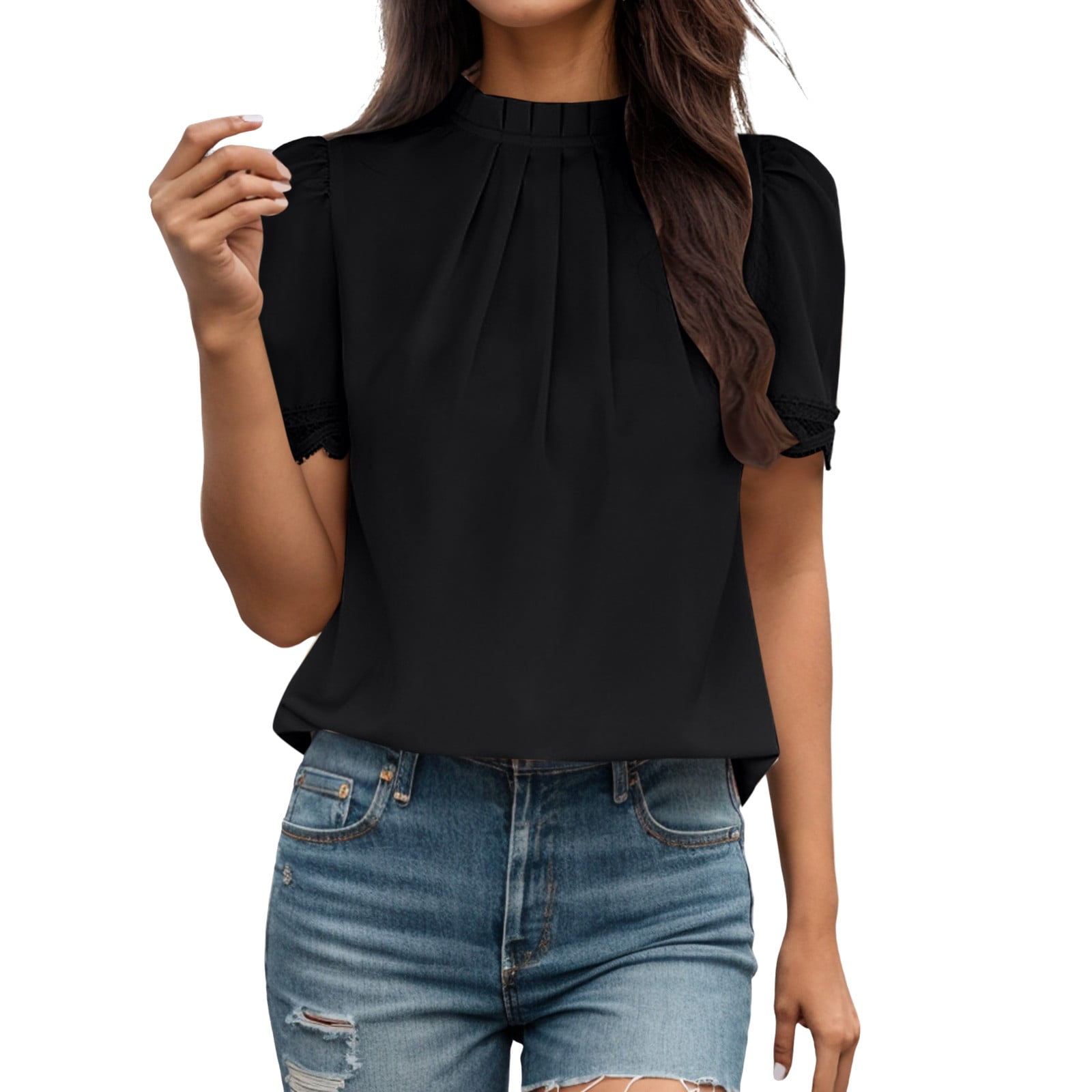 WEIYLL Ladies T Shirts Solid Temperament Loose Short Sleeve Mock Neck Ruffles Black Blouse Sizes XL