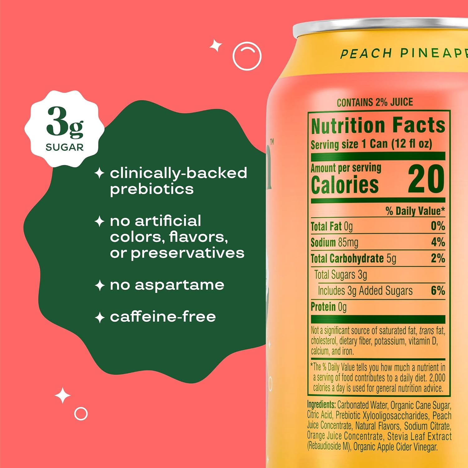 Bloom Pop Peach Pineapple Prebiotic Soda, 12-Pack, 12oz Cans, No Caffeine