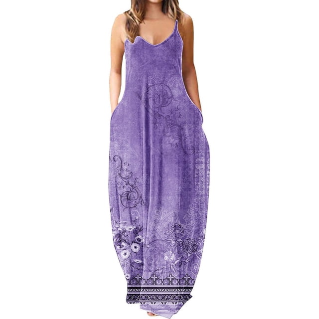 Robes Maxi pour Femmes Été Robe à Bretelles Spaghetti Grande Taille Décontractée Ample Plage Boho Robe d'Été avec Poches