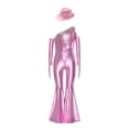 thumbnail image 3 of inlzdz Kids Girls 70s Hippie Dance Outfits One Shoulder Metallic Sequin Tassel Bell Bottom Jumpsuit and Hat Pink 8, 3 of 6