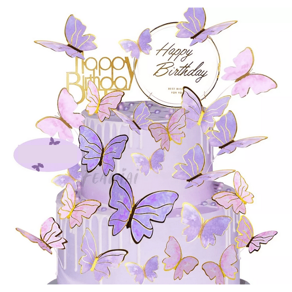 42pzs Decoración Pastel De Mariposa Letrero Feliz Cumpleaños Morado