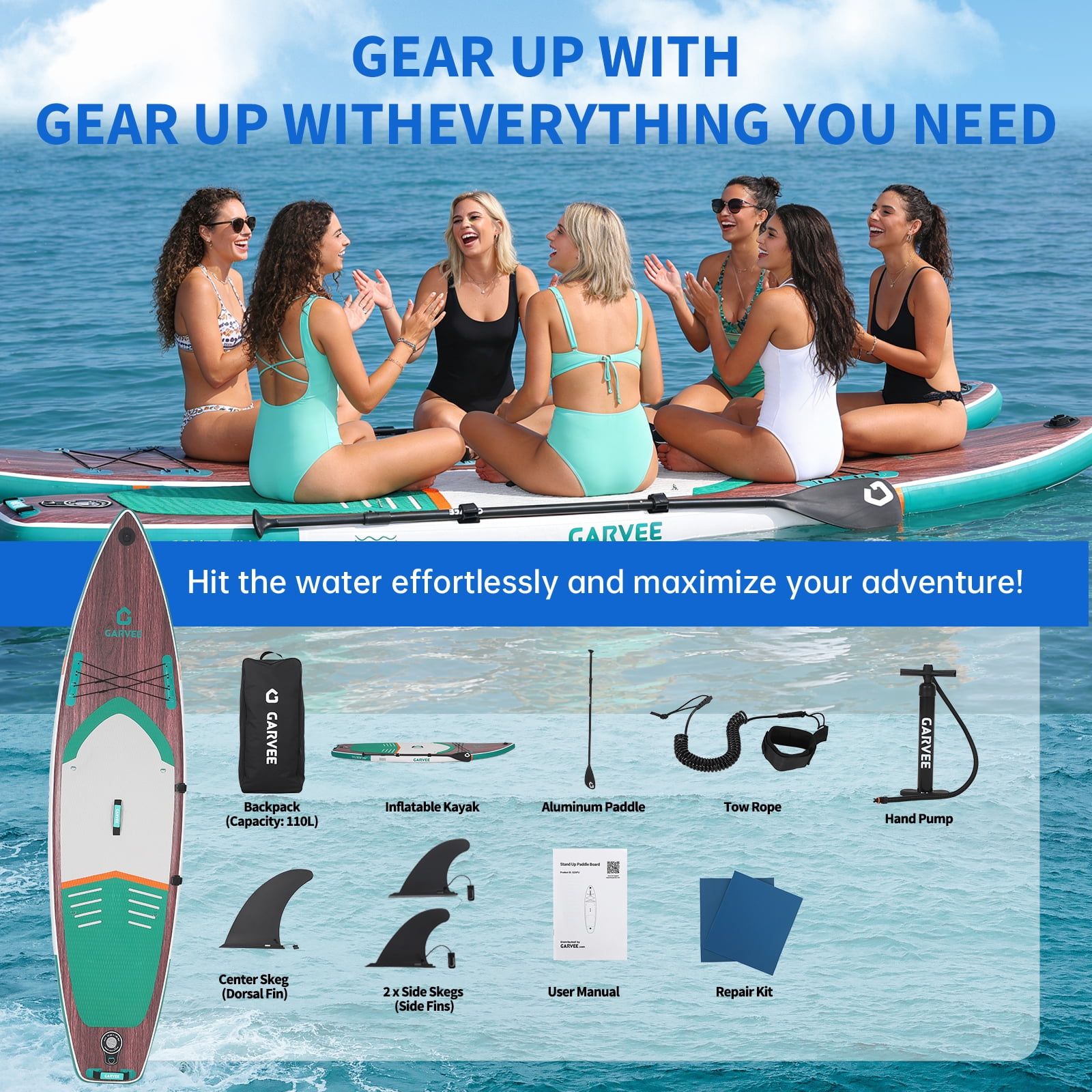 Stable Inflatable Upright Paddle Board 11.5ft x 33" for Adults & Youth – Ultra-Light Deep Wood Deck, Triple Fin, Non-Slip Surface, Paddle Holder, High-quality Paddle, Complete Kit, All-Around Use