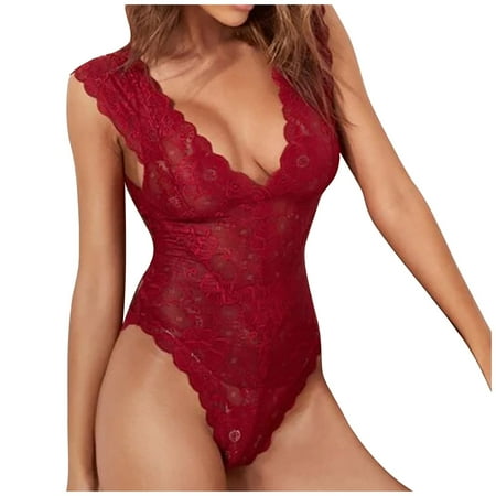 

KDDYLITQ Sexy Babydoll for Women Lace Hollow Out Lingerie Bodysuit Plus Size Hollow Out V Neck Red M