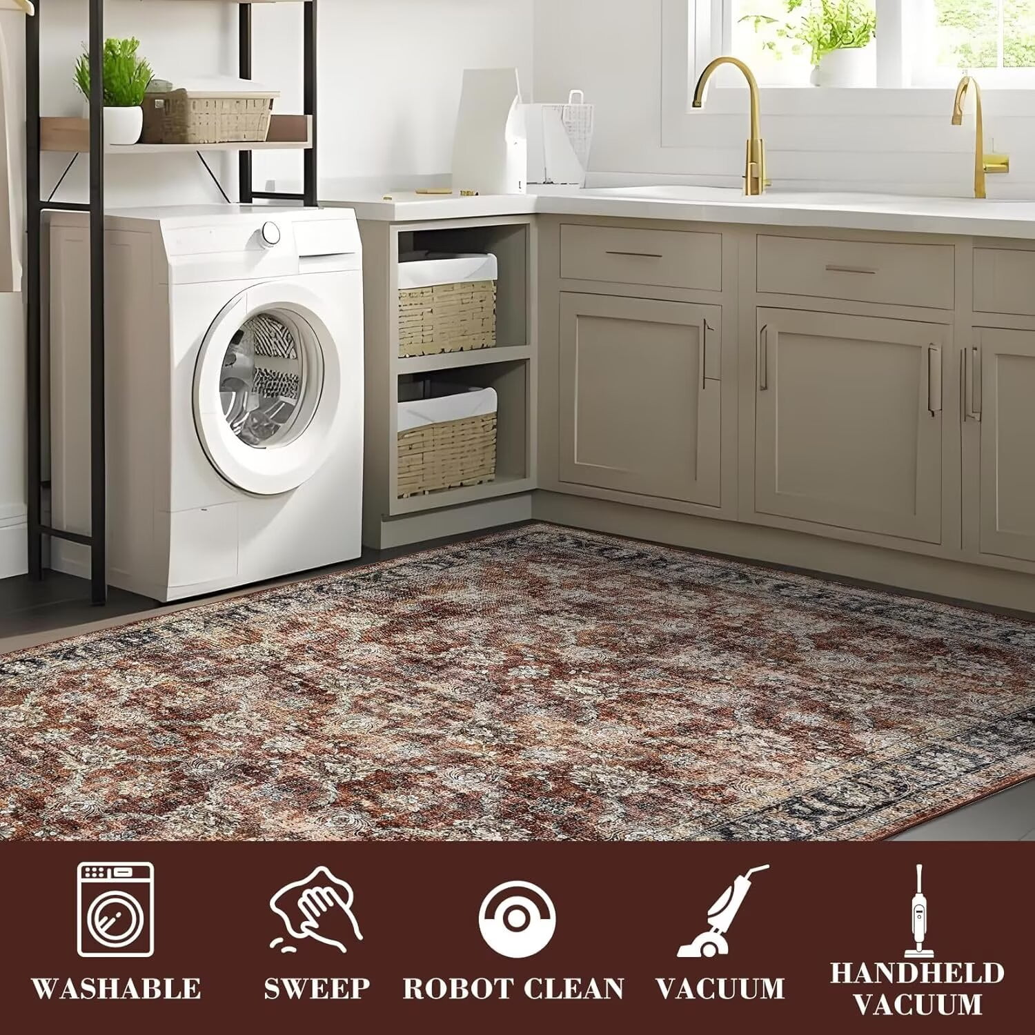 Hasoo 10' x 13' Area Rug for Living Room Boho Vintage Rug Non Slip Throw Rugs Floral Bedroom Rug, Red
