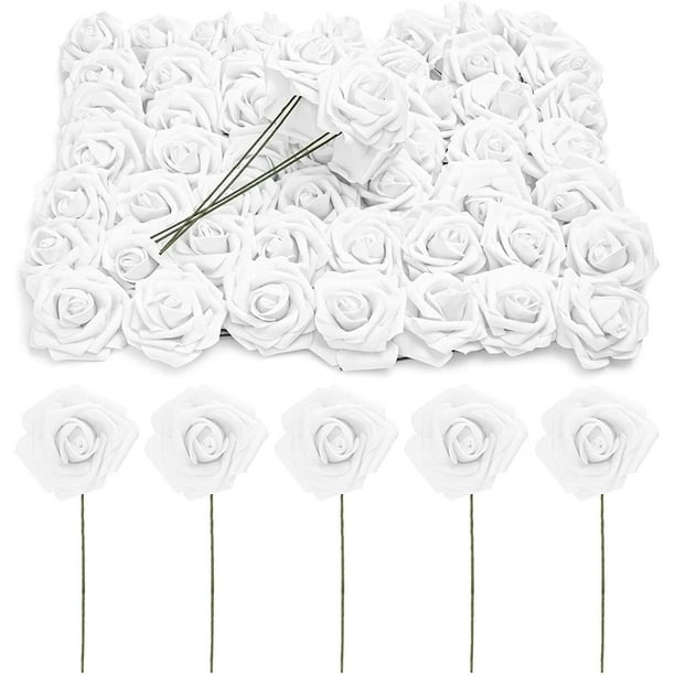 60 Pack White Artificial Roses with Stems, Fake Faux Flowers Heads Bulk