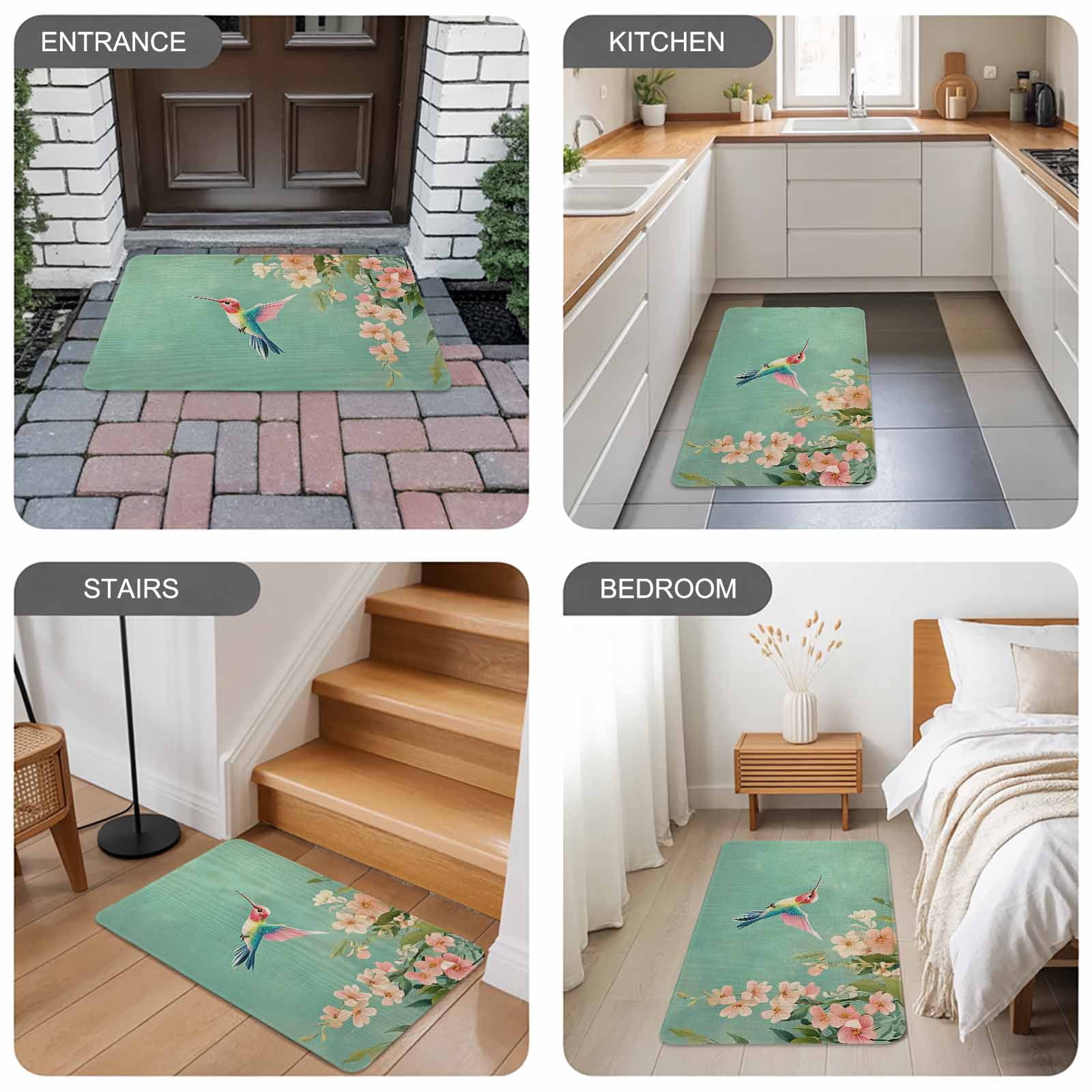 Spring Bird Flowers Doormat Outdoor Entrance 24"x36", Farmhouse Watercolor Botanical Plant Absorb Moisture Dirt Door Mats, Non-Slip Rubber Backing Floor Mats Indoor, Low-Profile Front Door Rugs