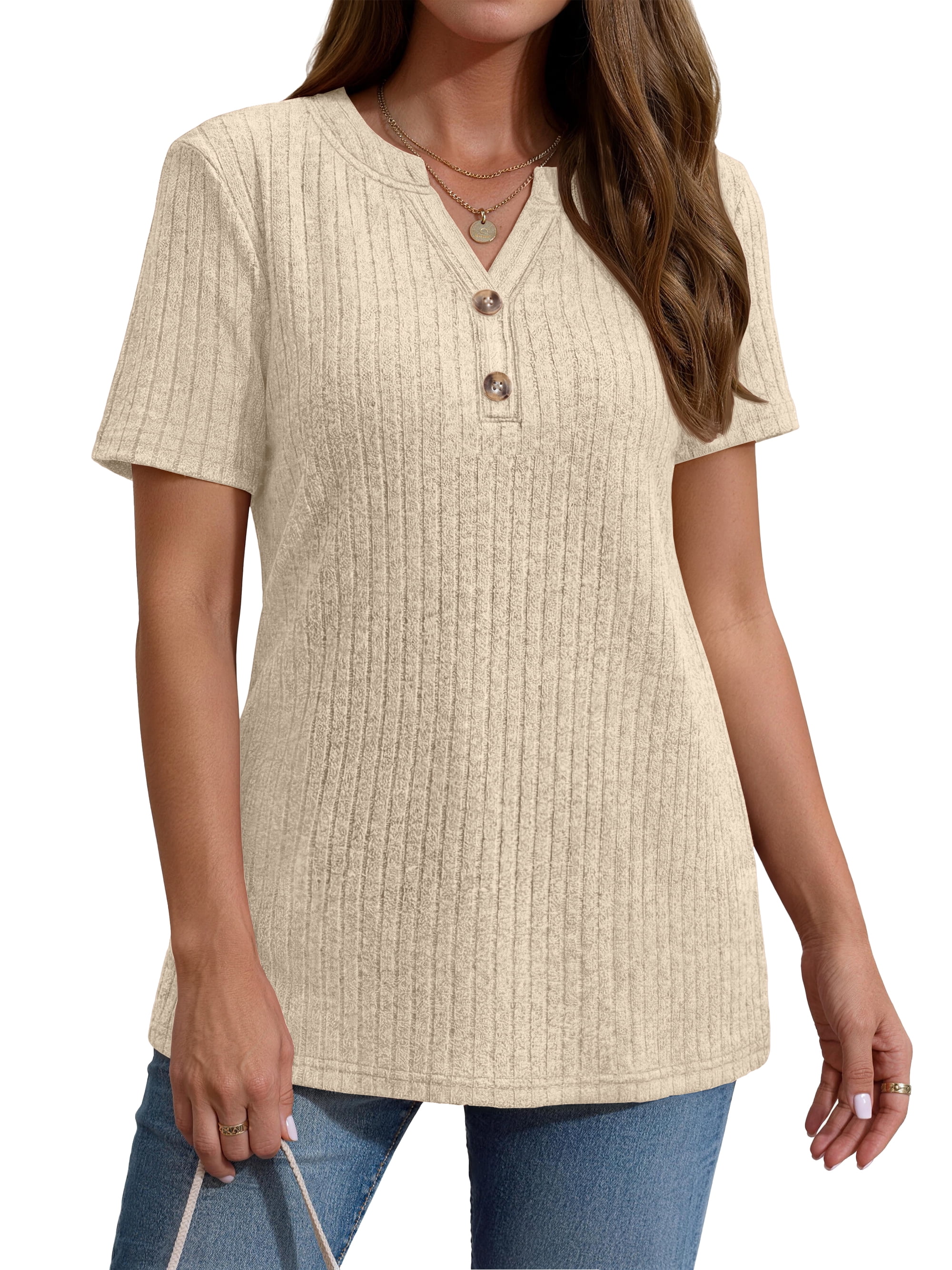 Fantaslook V Neck Tops for Women Short Sleeve Henry Shirts with Button Dressy Casual Summer Blouses Tops