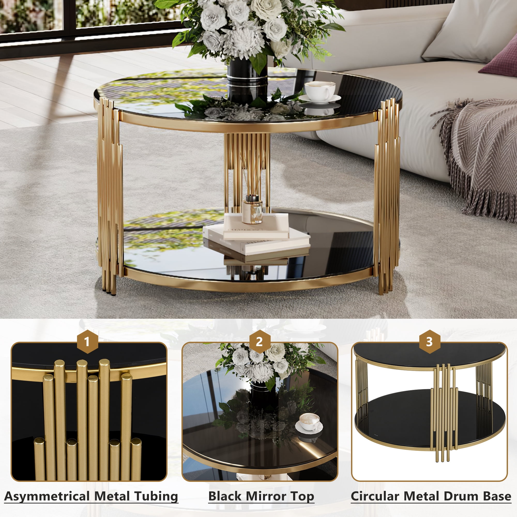 EUROCO 31.5" Round Coffee Table,Modern Tempered Glass Tea Table with Metal Base,Gold Finish and Lower Shelf,2 Tier Circle Dining Table for Study Room Reception Room,Black