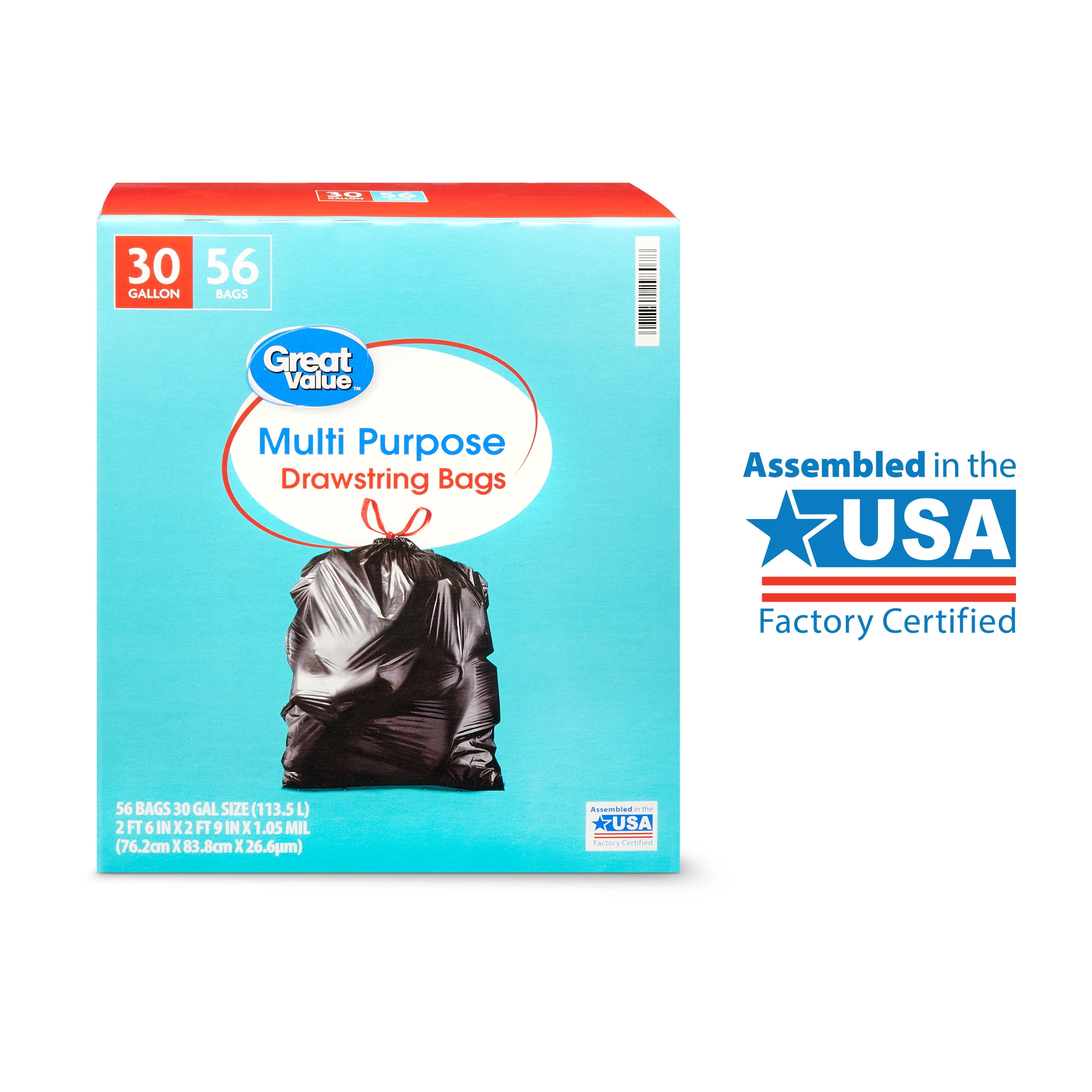 Great Value Multipurpose Drawstring Trash Bags, 30 Gallon, 56 Count