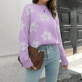 thumbnail image 4 of Ound-Neck Sweaters For Women Trendy Loose Flowers Long Sleeve Turtleneck Pullover Lantern Knit Sweater Tops Purple S, 4 of 7